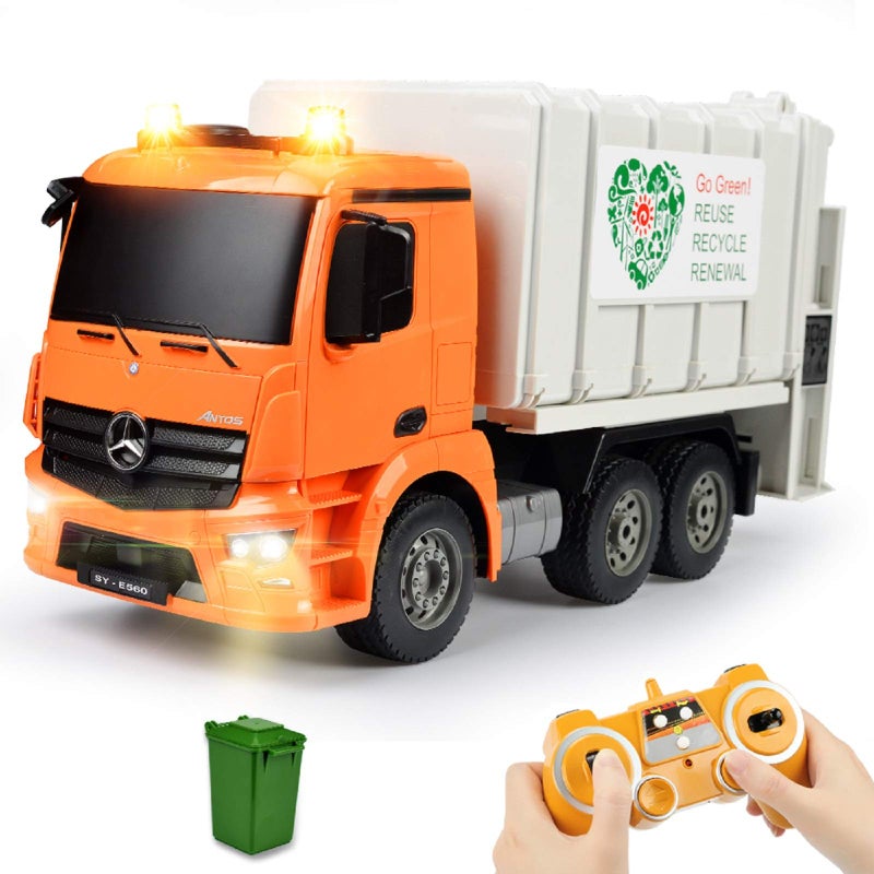 DOUBLE E Benz Licensed Remote Control Garbage Truck Electric Recycling Toy Set with Trash Bin Real Lights Rechargeable Waste Management Trash Truck Toys Gift for Kids - Image 1